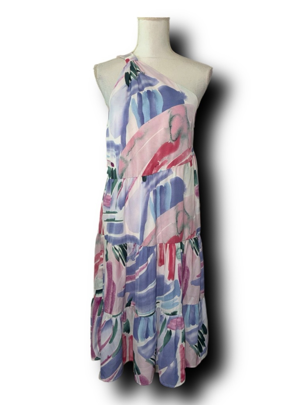 NWT Entro Anthropologie Grecian One-Shoulder Pastel Watercolor Tiered Midi Dress